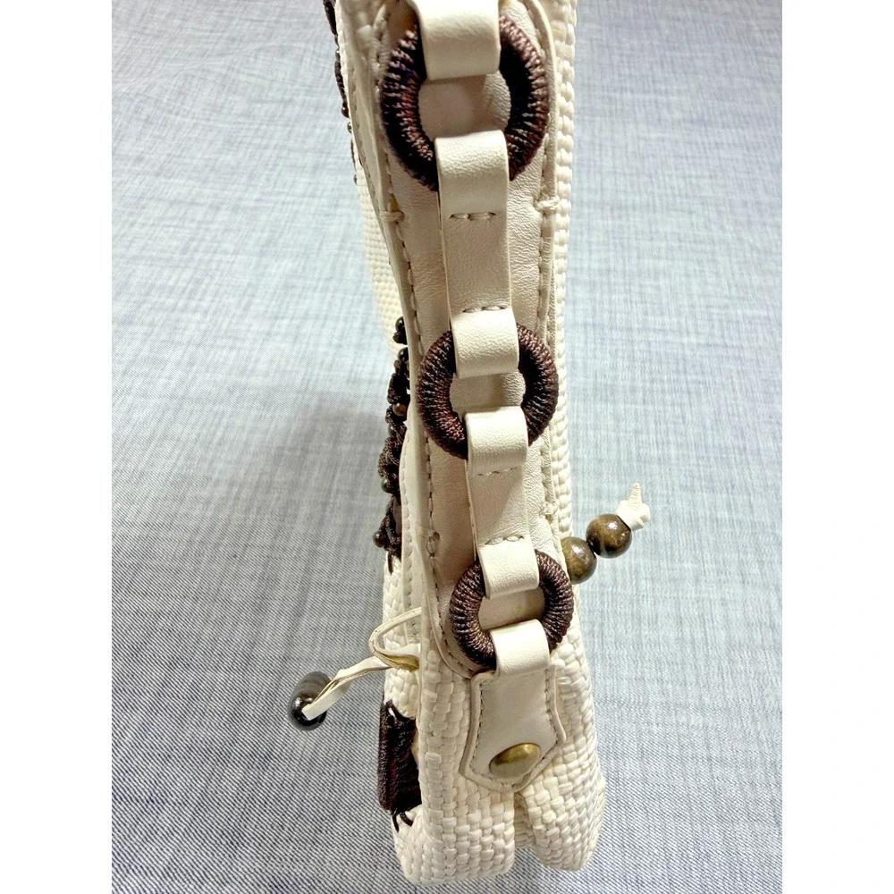 Cole Haan Alyssa Bead Cream Woven Straw Shoulder Bag Vintage Wood Trim Purse